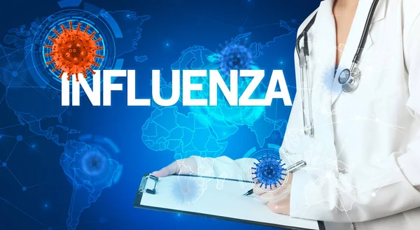Medico Compila Cartella Clinica Con Iscrizione Influenza Concetto Virologia — Foto Stock