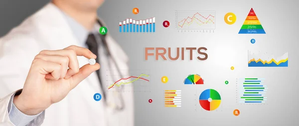 Nutricionista Que Una Píldora Con Inscripción Frutas Concepto Estilo Vida — Foto de Stock