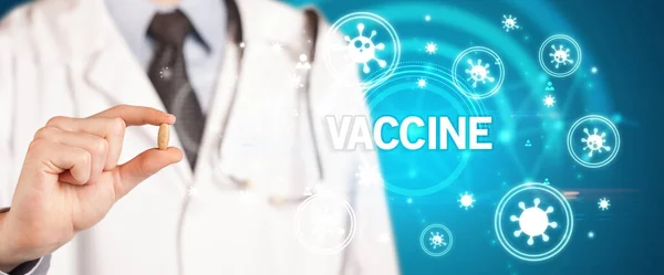 Médico Dando Píldora Con Inscripción Vaccine Concepto Coronavirus — Foto de Stock