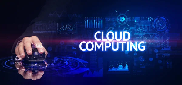 Χέρι Κρατώντας Ασύρματη Περιφερειακή Επιγραφή Cloud Computing Σύγχρονη Τεχνολογία Έννοια — Φωτογραφία Αρχείου