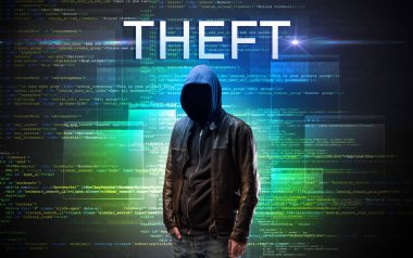 İkili kod arka planında THFT yazılıma sahip yüzsüz hacker