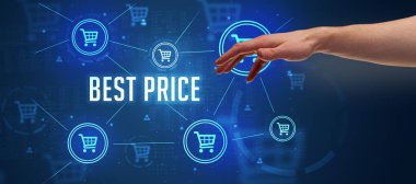 BEST PRICE yazıtlarına, çevrimiçi alışveriş konseptine yakın el işaretleri