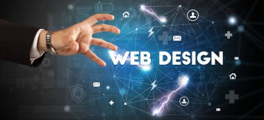 WeB DESIGN yazıtlarına el işareti, modern teknoloji kavramı