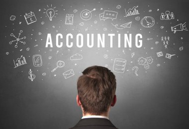 Muhasebe yazıtları, modern iş konsepti olan bir iş adamının arka görünüşü