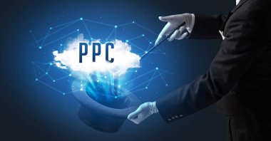 Sihirbaz PPC kısaltması olan modern teknoloji konseptiyle sihirbazlık numarası gösteriyor.