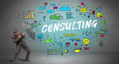 Şemsiyenin arkasına saklanan azimli iş adamı. Yazı, yeni iş konsepti.