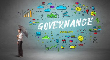 Şemsiyenin arkasına saklanan azimli iş adamı GOVERNANCE yazıtları, yeni iş konsepti