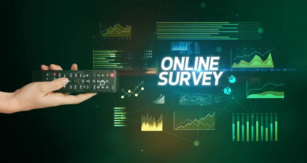 Hand Hält Drahtlose Peripherie Mit Online Survey Aufschrift Cyber Business — Stockfoto