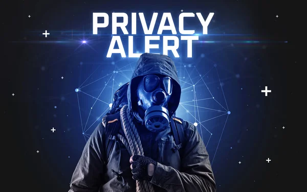 Tajemniczy Haker Napisem Privacy Alert Inskrypcja Koncepcji Ataku Online Koncepcja — Zdjęcie stockowe