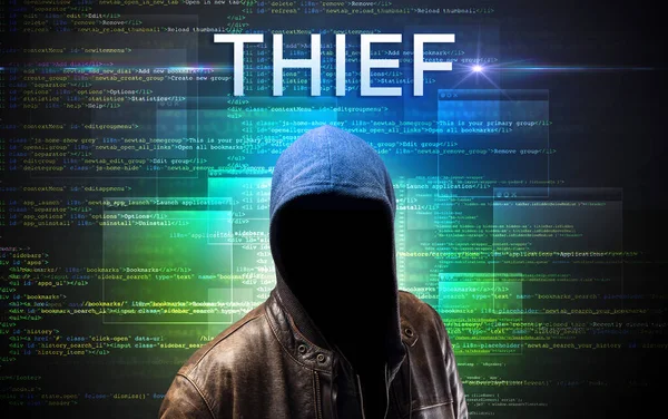 Kili Kod Arka Planında Thief Yazısıyla Yüzsüz Hacker — Stok fotoğraf