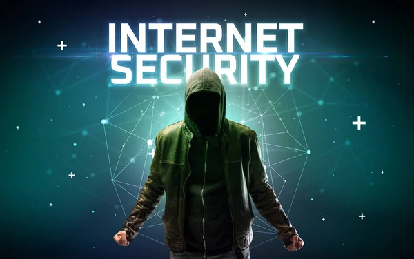 Mystisk Hacker Med Internet Security Inskription Online Attack Koncept Inskription — Stockfoto