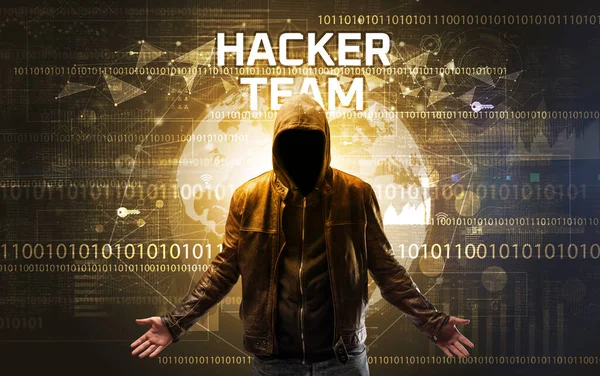 Hacker Sem Rosto Trabalho Com Inscrição Hacker Team Conceito Segurança — Fotografia de Stock