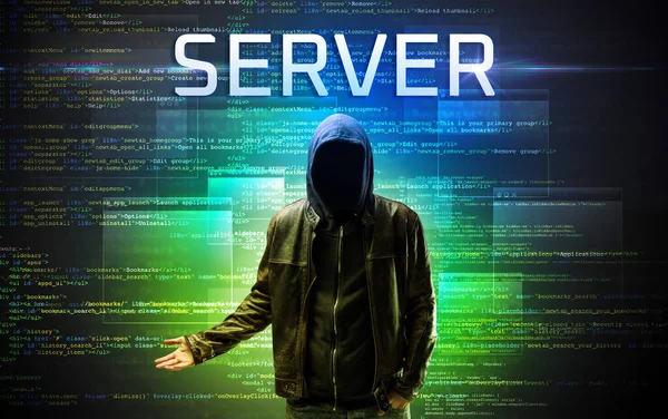 Gesichtsloser Hacker Mit Server Aufschrift Auf Binärcode Hintergrund — Stockfoto