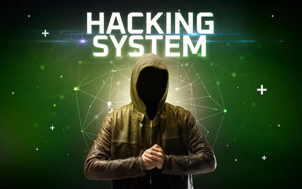 Mysterieuze Hacker Met Hacking System Inscriptie Online Aanval Concept Inscriptie — Stockfoto