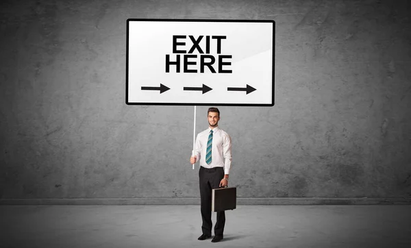 Business Person Holding Traffic Sign Exit Here Inscription New Idea — Stock Photo, Image