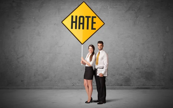Young Business Person Holding Road Sign Hate Inscription New Rules — Stock Photo, Image