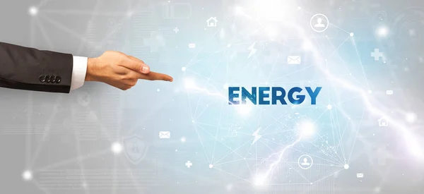 Hand Wijzend Naar Energie Inscriptie Modern Technologie Concept — Stockfoto