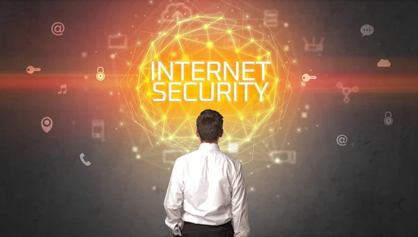 Bakifrån Affärsman Med Internet Security Inskription Online Säkerhet Koncept — Stockfoto