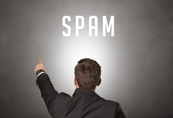 Vista Posteriore Uomo Affari Con Iscrizione Spam Concetto Sicurezza Informatica — Foto Stock