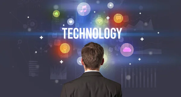 Rear View Businessman Technology Inscription Modern Technology Concept — Stock Photo, Image
