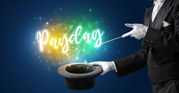 Goochelaar Hand Toveren Met Toverstok Payday Inscriptie Winkelen Concept — Stockfoto