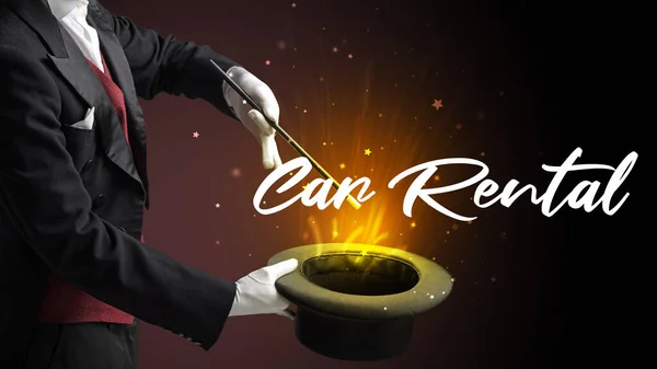 Magician is showing magic trick with Car Rental inscription, traveling concept