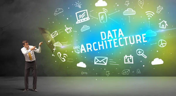 Affärsman Försvara Med Paraply Från Data Architecture Inskription Modern Teknik — Stockfoto