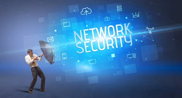 Affärsman Försvara Med Paraply Från Cyberattack Och Network Security Inskription — Stockfoto