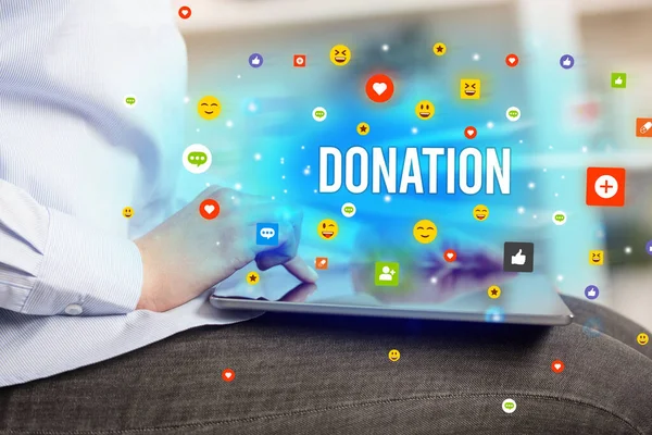 Close Business Person Playing Multimedia Social Media Icons Donation Inscription — Stock fotografie