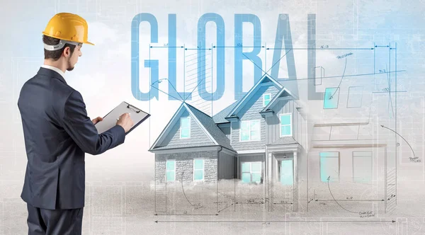 Jonge Ingenieur Met Blauwdruk Met Global Inscriptie Huisplanningsconcept — Stockfoto