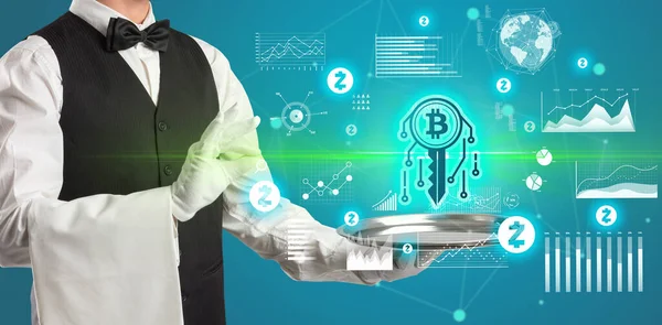 Young Waiter Serving Blockchain Icons Tray Money Exchange Concept — Stock Photo, Image