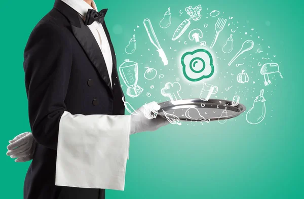 Waiter Holding Silver Tray Fried Egg Icons Coming Out Health — Stock Photo, Image