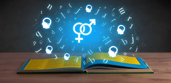 Open medical book with gender icon icons above, global health concept