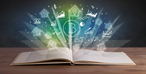 Nahaufnahme Des Offenen Buches Mit Bitcoin Symbolen Oben Big Profit — Stockfoto