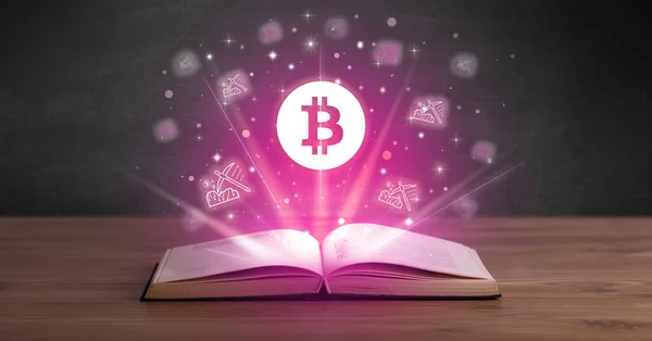 Libro Aperto Con Icone Bitcoin Sopra Concetto Cambio Valuta — Foto Stock