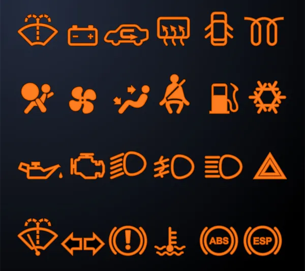 Iconos iluminados del tablero de instrumentos del coche — Vector de stock