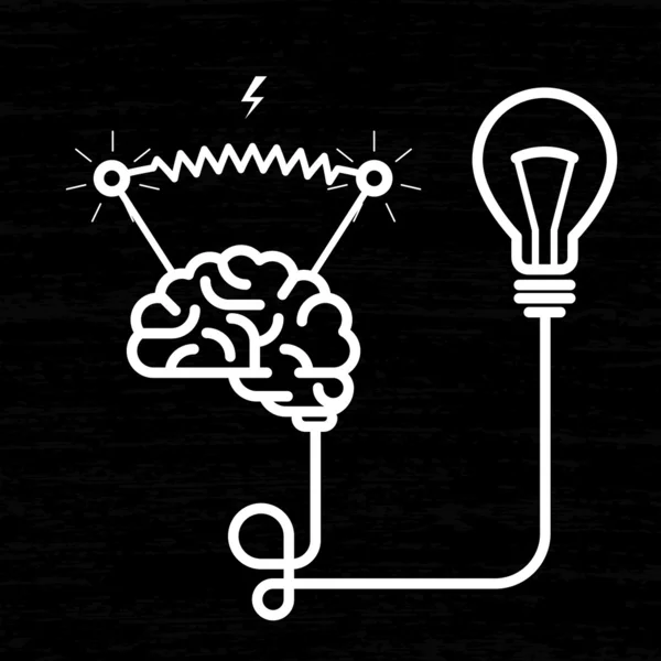 Invención - electricidad del cerebro, bombilla y voltaje eléctrico — Vector de stock