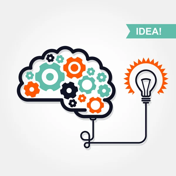 사업 아이디어 또는 발명 아이콘-장치 바퀴와 전구와 뇌 — 스톡 벡터