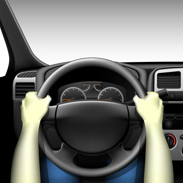 Автомобильный водитель - интерьер автомобиля с приборной панелью и руками водителя — стоковый вектор