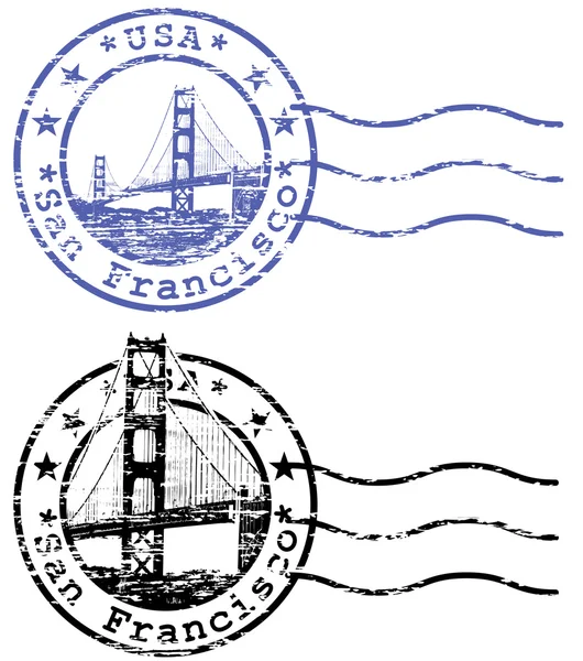 Shabby stempel met stadsgezicht van san francisco en golden gate — Stockvector