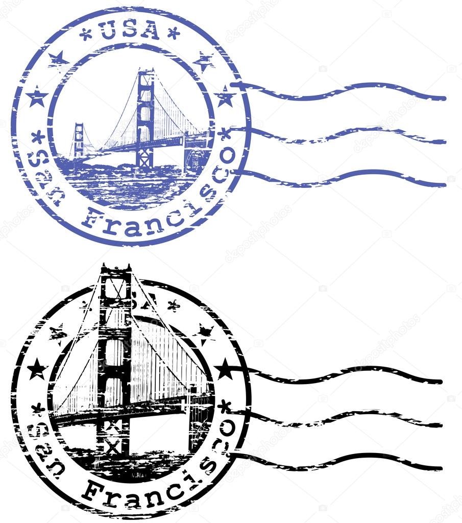 Shabby stamp with cityscape of San Francisco and Golden Gate