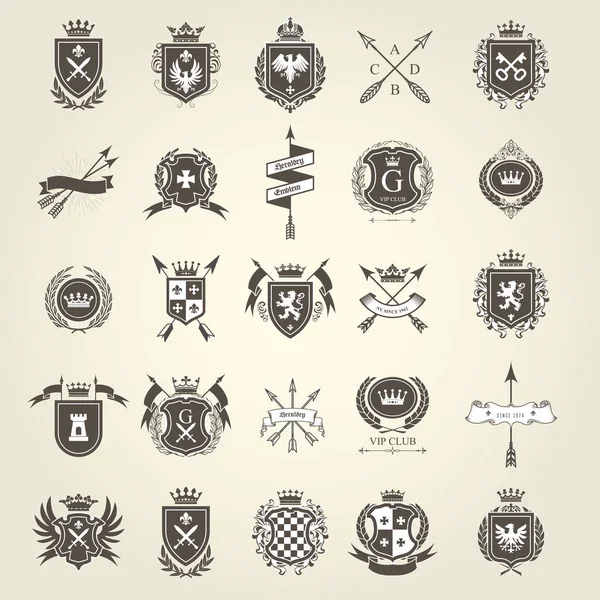 Set Van Heraldische Blazon Wapenschild Ridder Ridderlijkheid Emblemen Schild Kuif — Stockvector