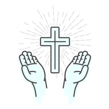 Haç ve eller, dua, Hıristiyanlığın sembolü, İsa Mesih 'e kutsal haç ibadeti, vektör