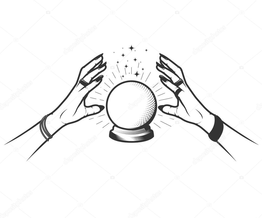 Hands of soothsayer over fortune-teller glass ball, witch prediction magic sphere, vector