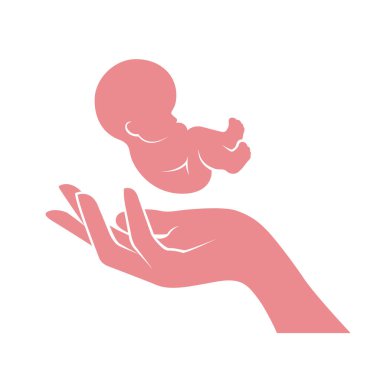 Anne avucundaki fetüs, bebek doğumu ve çocuk bakımı konsepti, embriyo ve kadın eli, vektör.