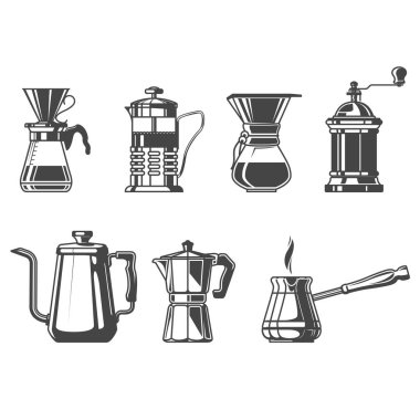 Demlenmiş kahve ve çay sofra takımı, Fransız presi, cezve, çaydanlık ve moka demliği, barista aletleri, vektör
