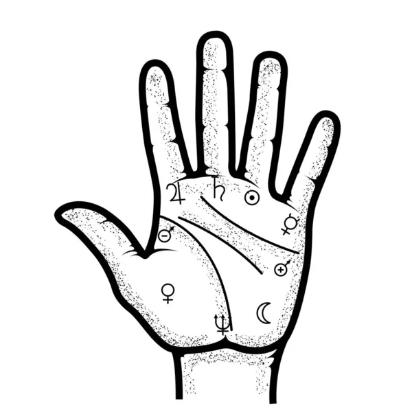 Palmistry Karte Auf Offener Handfläche Wahrsagerei Mit Der Hand Und — Stockvektor