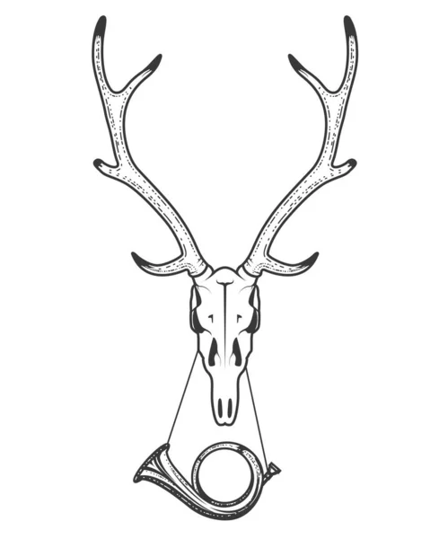 Hunting Emblem Deer Skull Antler Bugle Wall Hunter Trophy Vector — Stock Vector