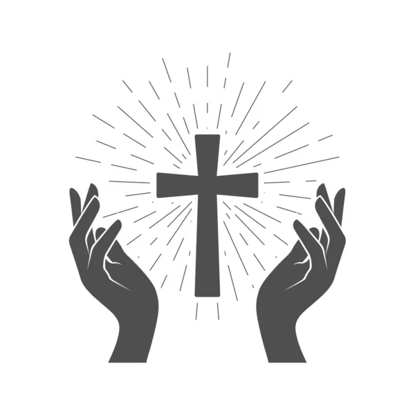 Symbole Prière Crucifix Brillant Les Mains Croyant Culte Sainte Croix — Image vectorielle