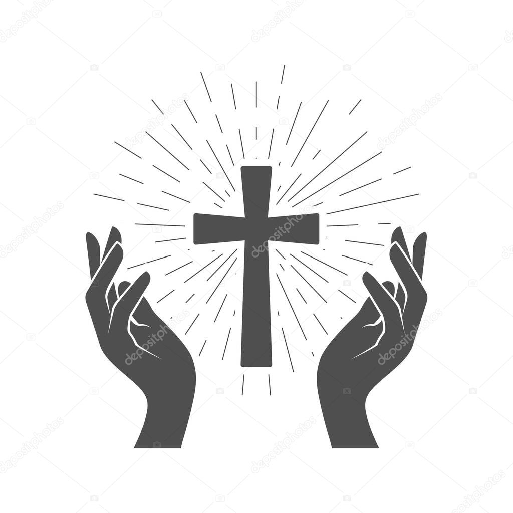Prayer symbol, shining Crucifix and hands of believer, holy cross worship, vector